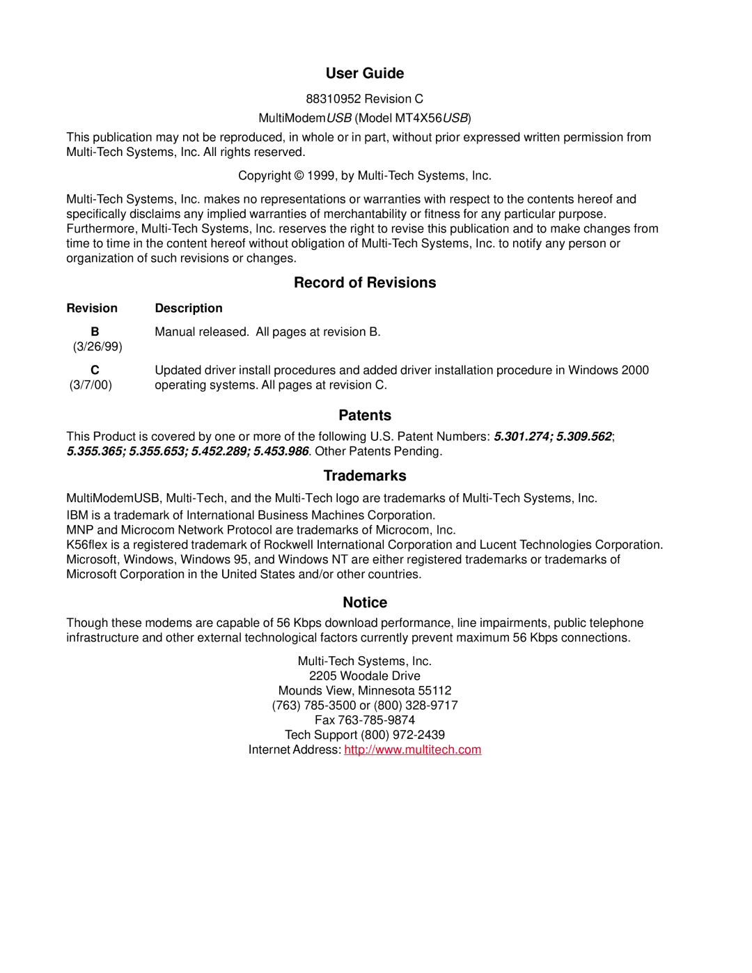Multi-Tech Systems MT4X56USB manual User Guide, Record of Revisions, Patents, Trademarks, Revision Description 