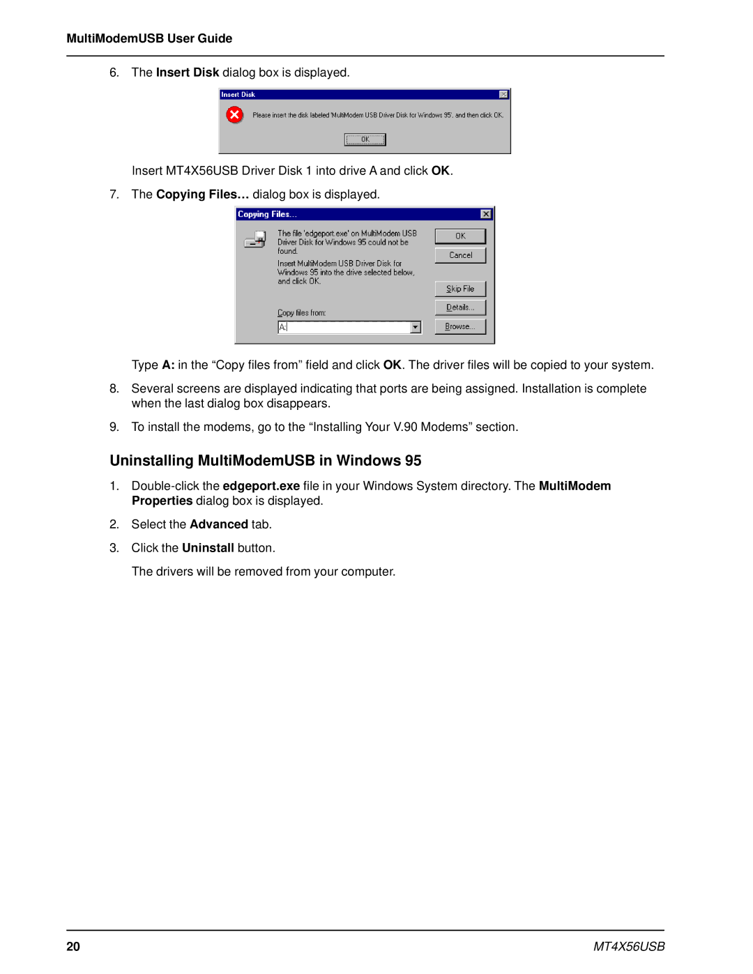 Multi-Tech Systems MT4X56USB manual Uninstalling MultiModemUSB in Windows 