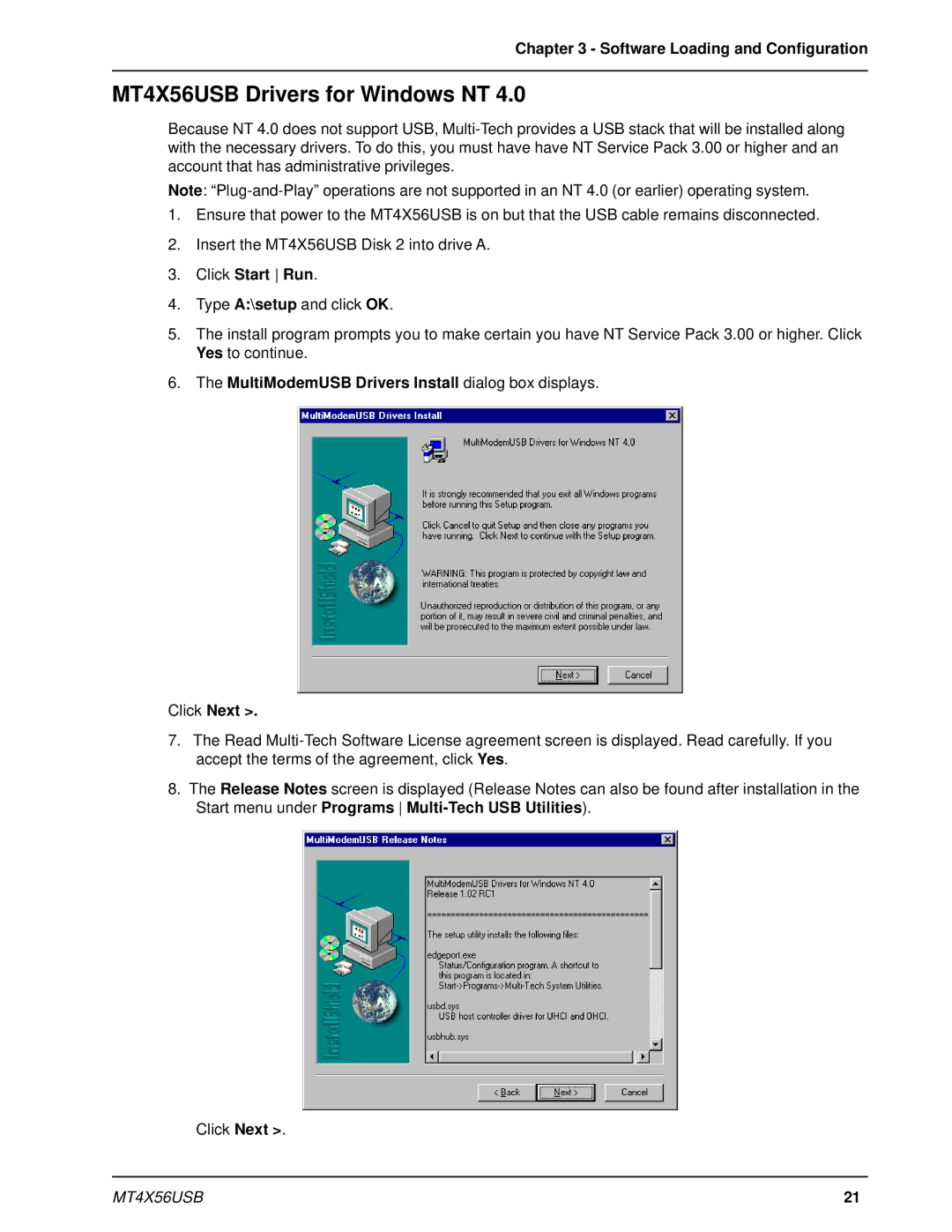 Multi-Tech Systems manual MT4X56USB Drivers for Windows NT, MultiModemUSB Drivers Install dialog box displays Click Next 