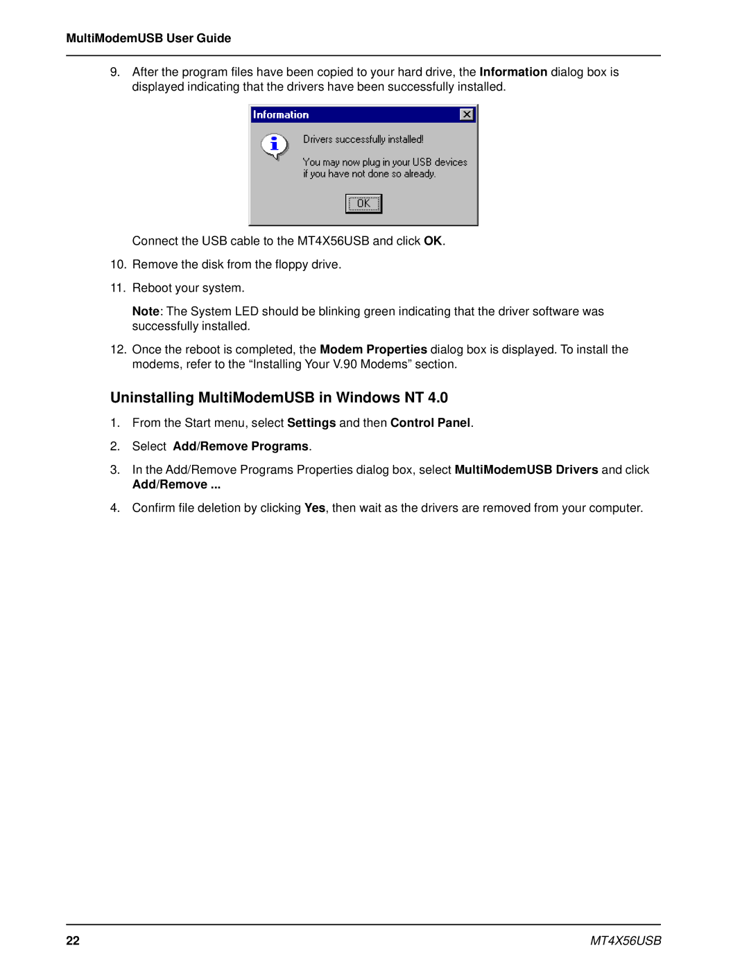 Multi-Tech Systems MT4X56USB manual Uninstalling MultiModemUSB in Windows NT, Select Add/Remove Programs 