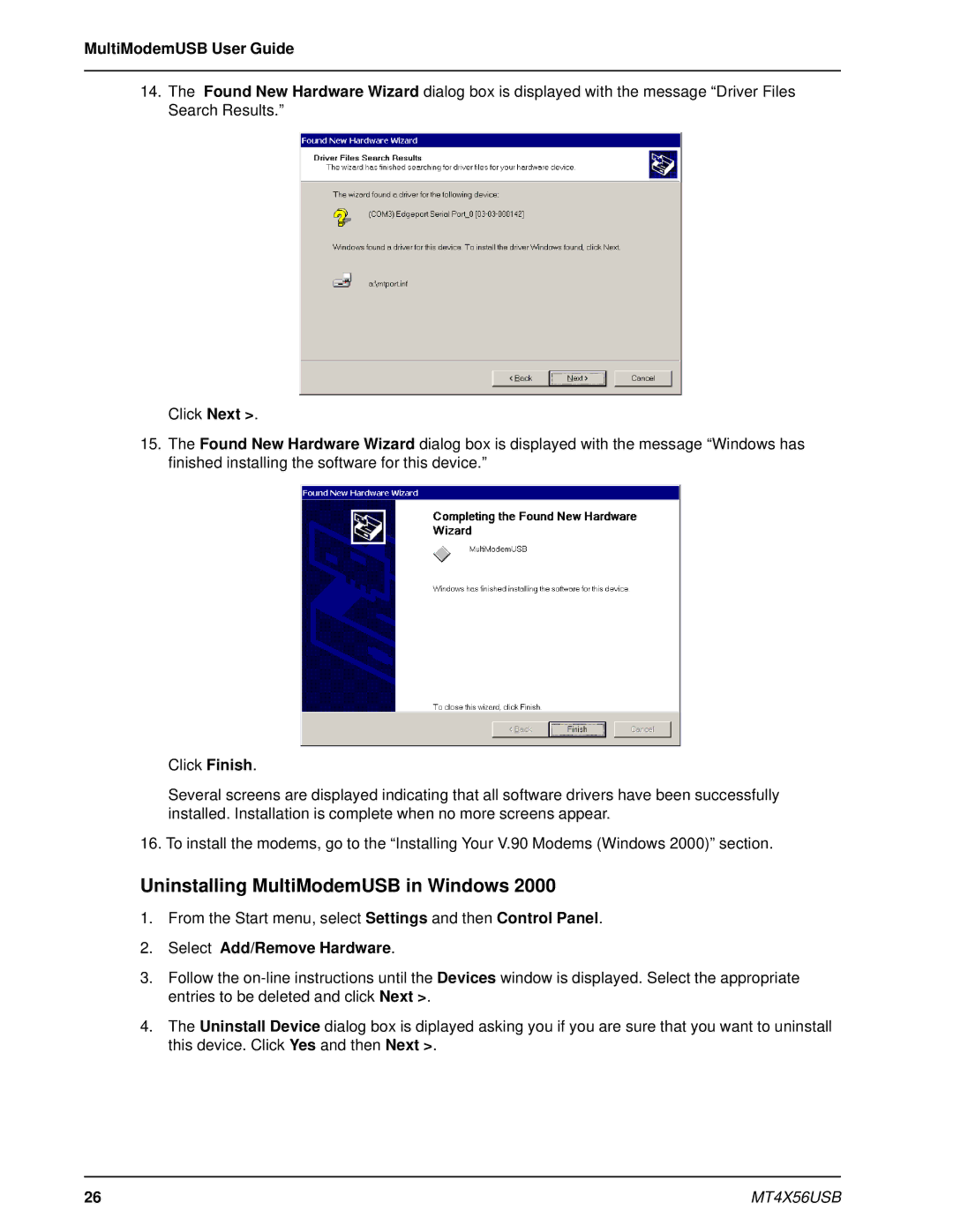 Multi-Tech Systems MT4X56USB manual Uninstalling MultiModemUSB in Windows, Select Add/Remove Hardware 