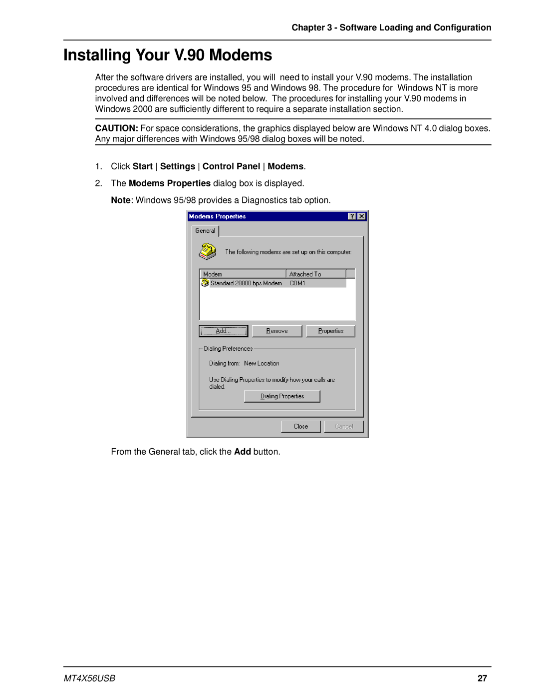 Multi-Tech Systems MT4X56USB manual Installing Your V.90 Modems, Click Start Settings Control Panel Modems 