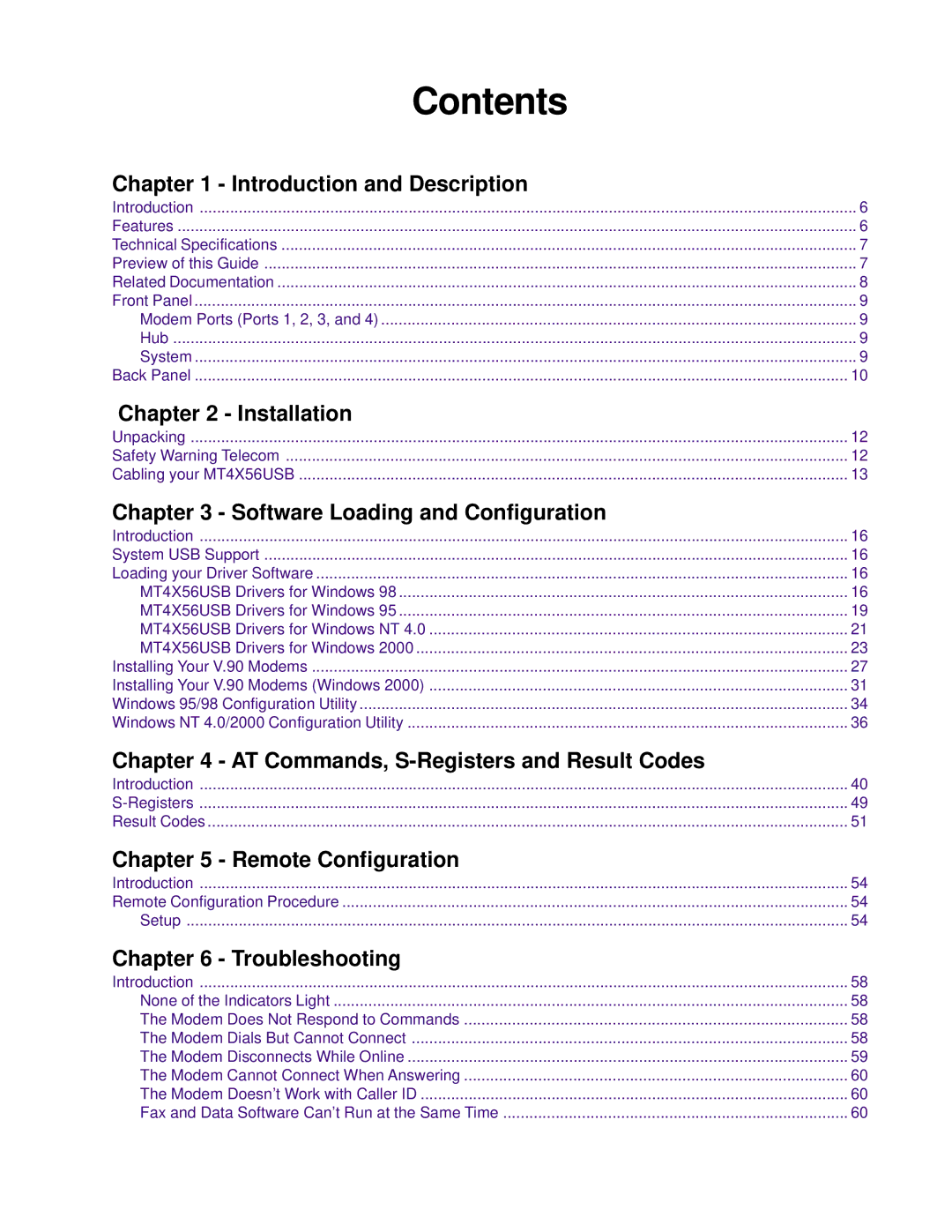 Multi-Tech Systems MT4X56USB manual Contents 