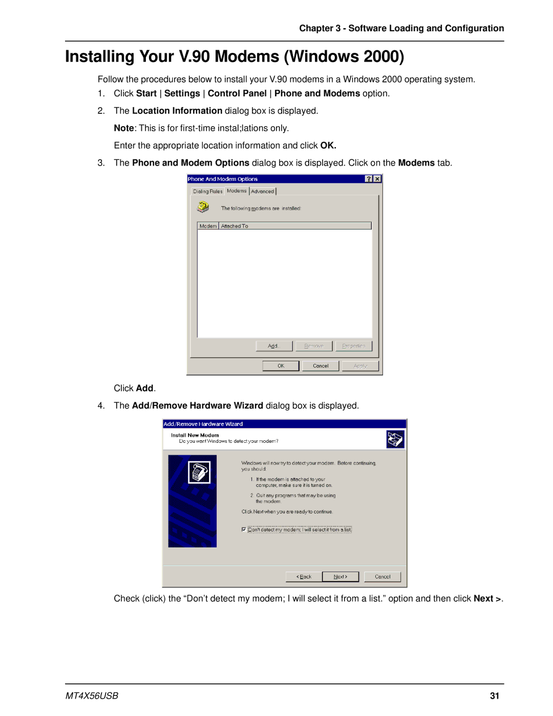 Multi-Tech Systems MT4X56USB manual Installing Your V.90 Modems Windows 