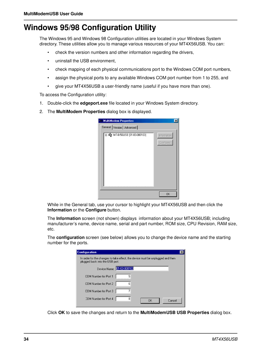 Multi-Tech Systems MT4X56USB manual Windows 95/98 Configuration Utility 