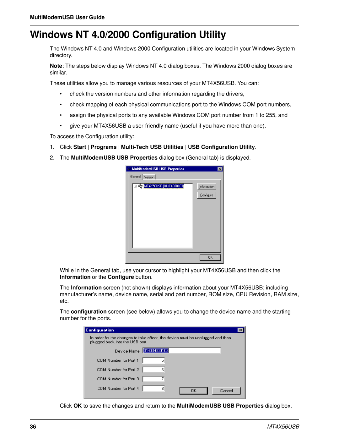 Multi-Tech Systems MT4X56USB manual Windows NT 4.0/2000 Configuration Utility 