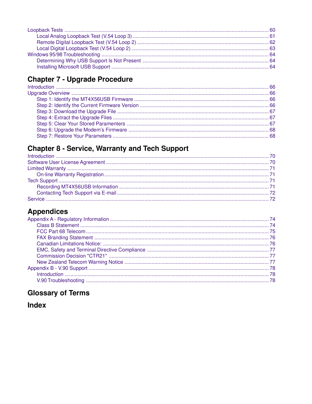 Multi-Tech Systems MT4X56USB manual Glossary of Terms Index 