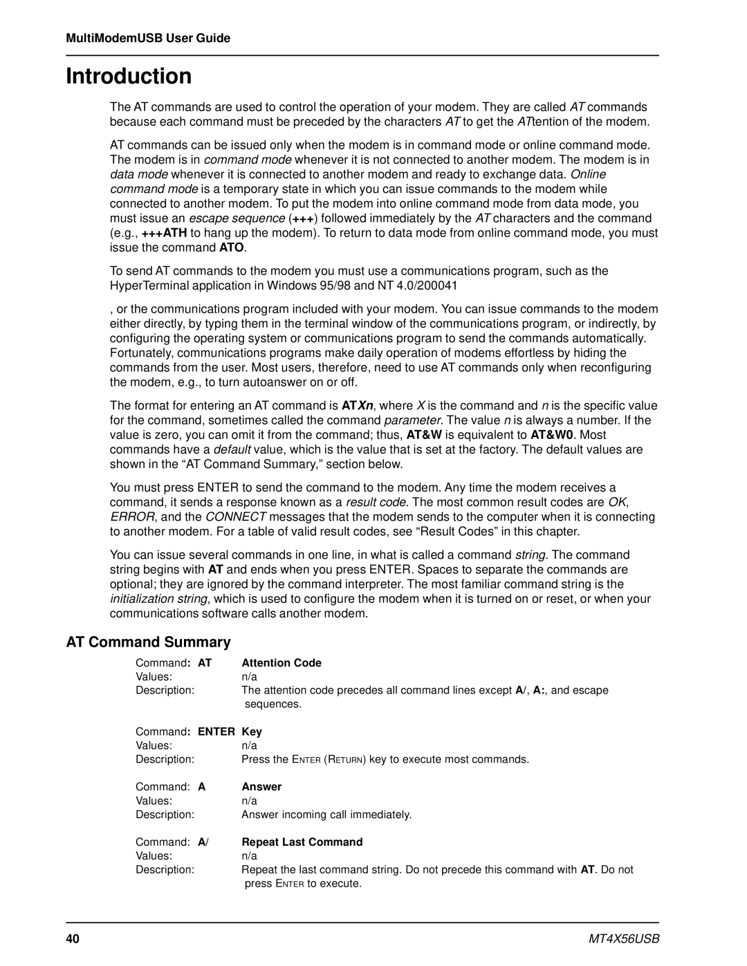 Multi-Tech Systems MT4X56USB manual AT Command Summary, Command Enter Key, Answer, Repeat Last Command 