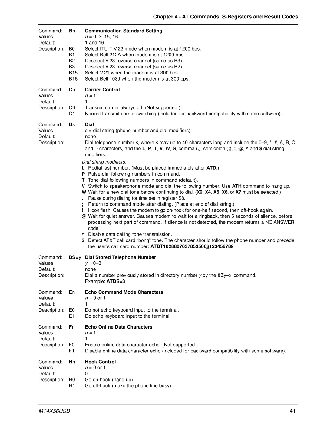 Multi-Tech Systems MT4X56USB manual AT Commands, S-Registers and Result Codes 