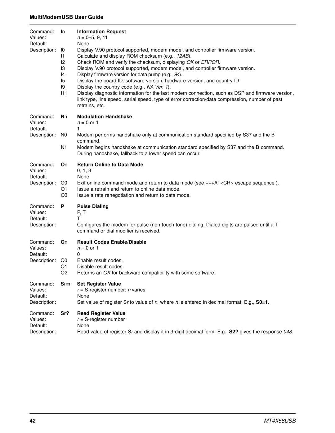 Multi-Tech Systems MT4X56USB manual Information Request, Modulation Handshake, Return Online to Data Mode, Pulse Dialing 