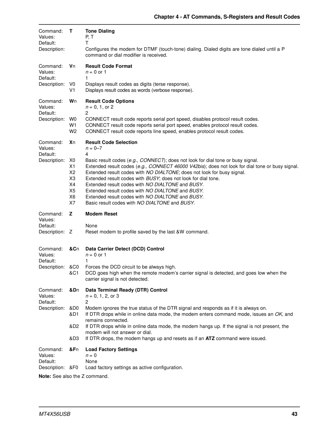 Multi-Tech Systems MT4X56USB Tone Dialing, Result Code Format, Result Code Options, Result Code Selection, Modem Reset 