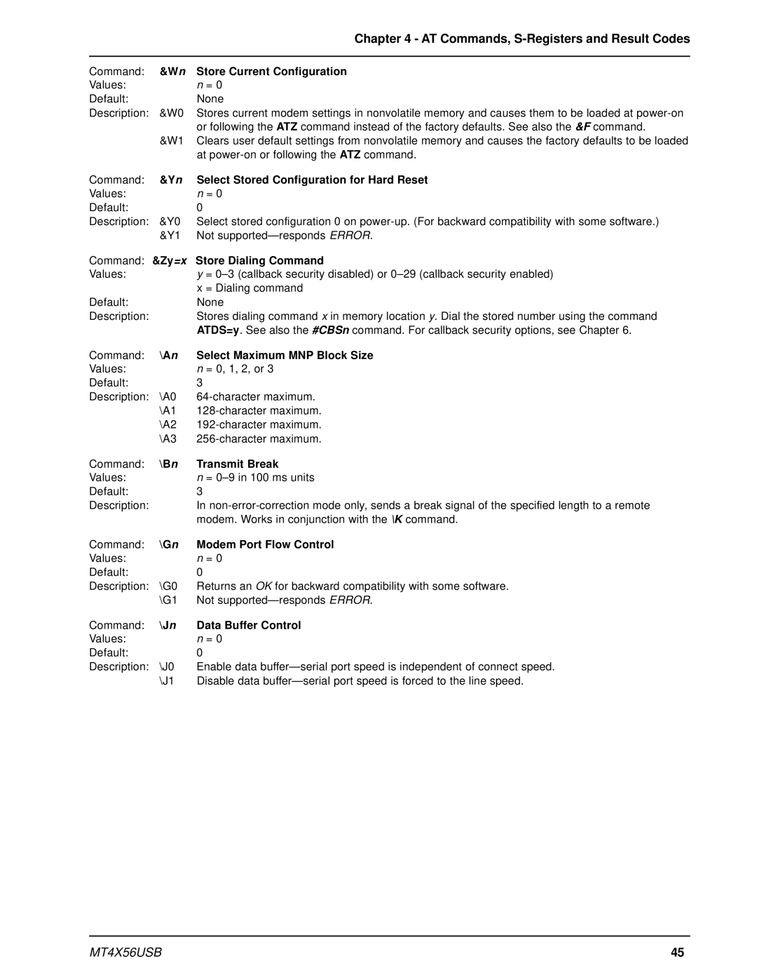 Multi-Tech Systems MT4X56USB Store Current Configuration, Select Stored Configuration for Hard Reset, Bn Transmit Break 