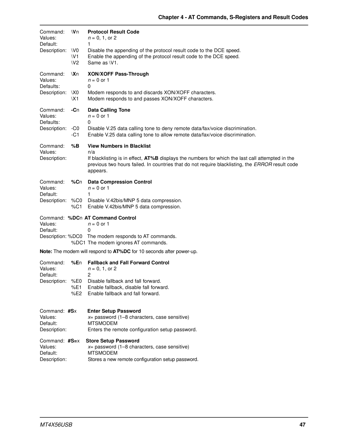 Multi-Tech Systems MT4X56USB Vn Protocol Result Code, Xn XON/XOFF Pass-Through, Data Calling Tone, Enter Setup Password 