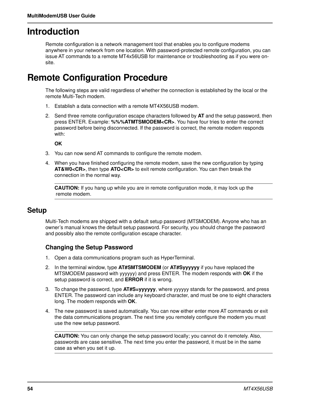 Multi-Tech Systems MT4X56USB manual Remote Configuration Procedure, Changing the Setup Password 