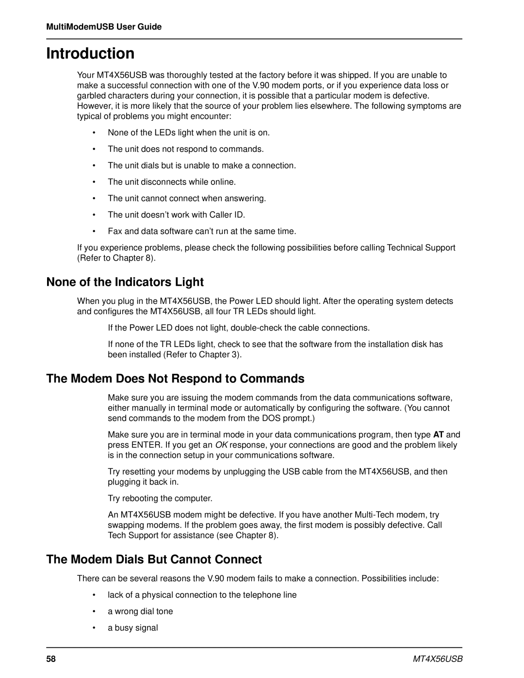 Multi-Tech Systems MT4X56USB manual None of the Indicators Light, Modem Does Not Respond to Commands 