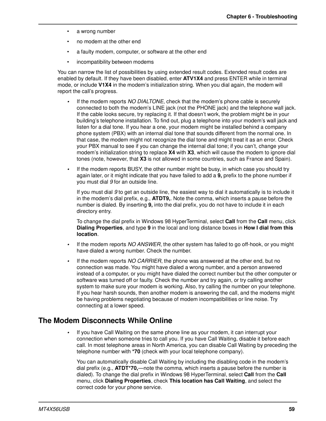 Multi-Tech Systems MT4X56USB manual Modem Disconnects While Online, Troubleshooting 