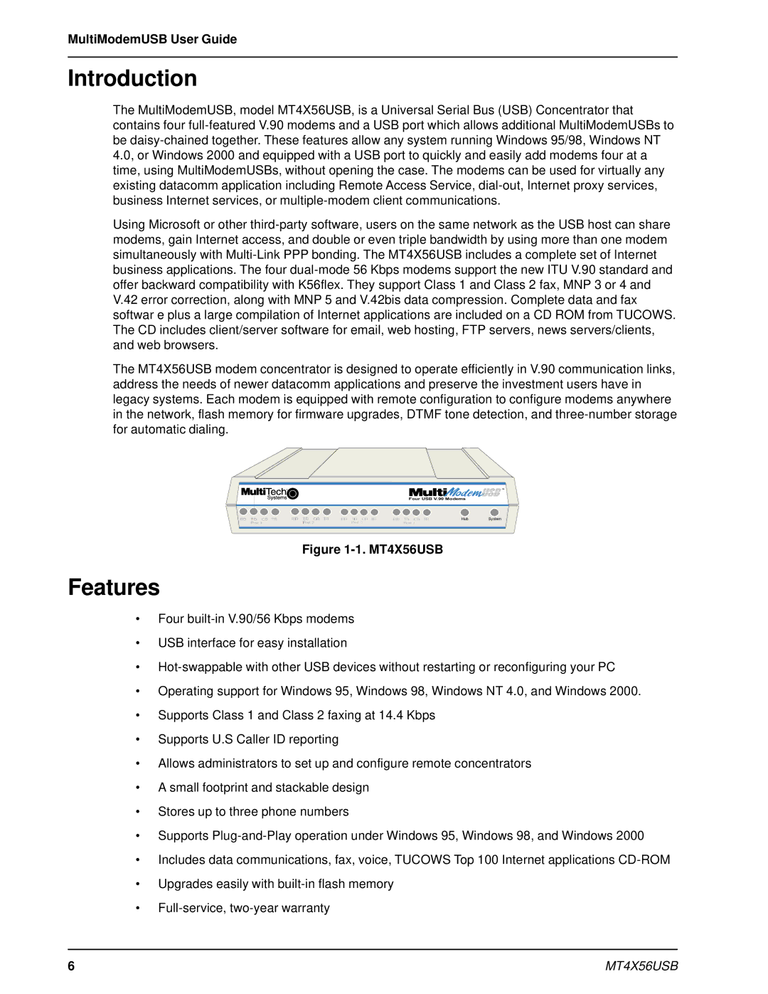 Multi-Tech Systems MT4X56USB manual Introduction, Features, MultiModemUSB User Guide 