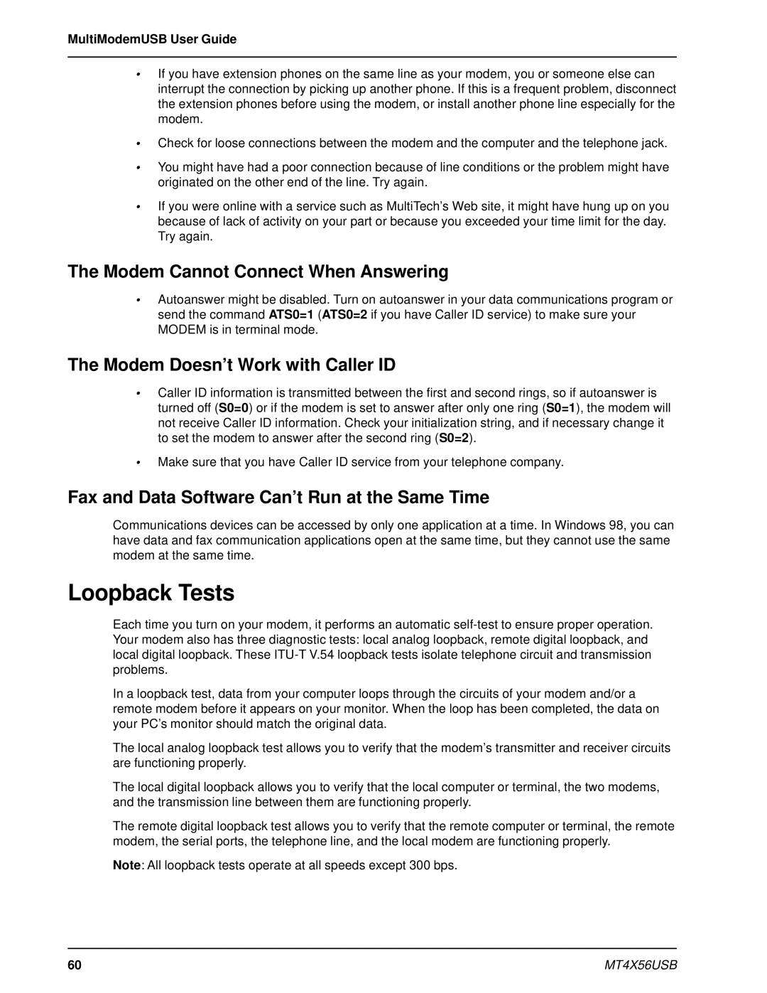 Multi-Tech Systems MT4X56USB manual Loopback Tests, Modem Cannot Connect When Answering, Modem Doesn’t Work with Caller ID 