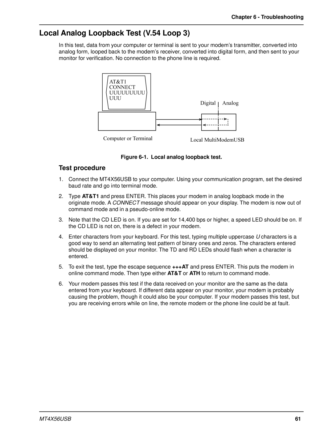 Multi-Tech Systems MT4X56USB manual Local Analog Loopback Test V.54 Loop, Test procedure 