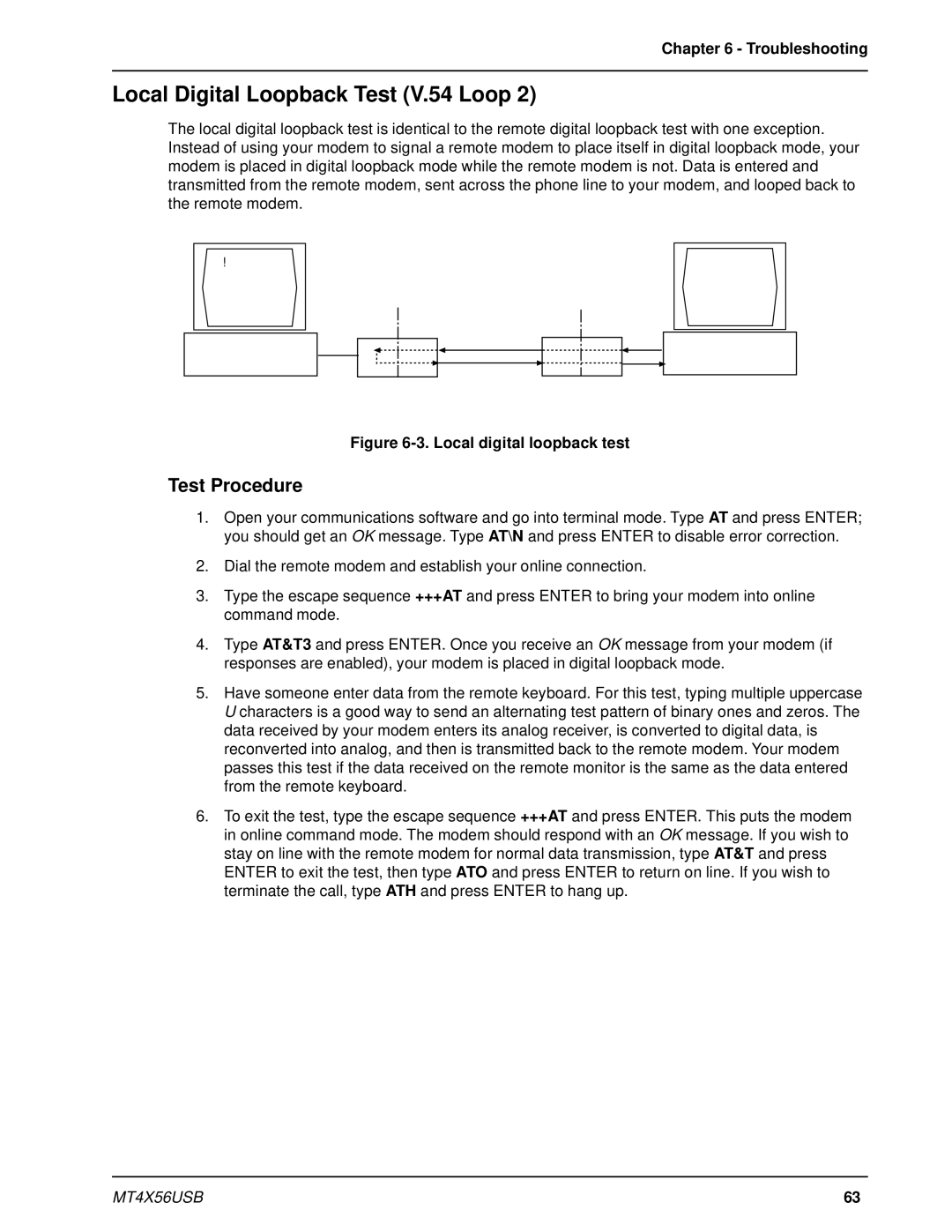 Multi-Tech Systems MT4X56USB manual Local Digital Loopback Test V.54 Loop, Local digital loopback test 