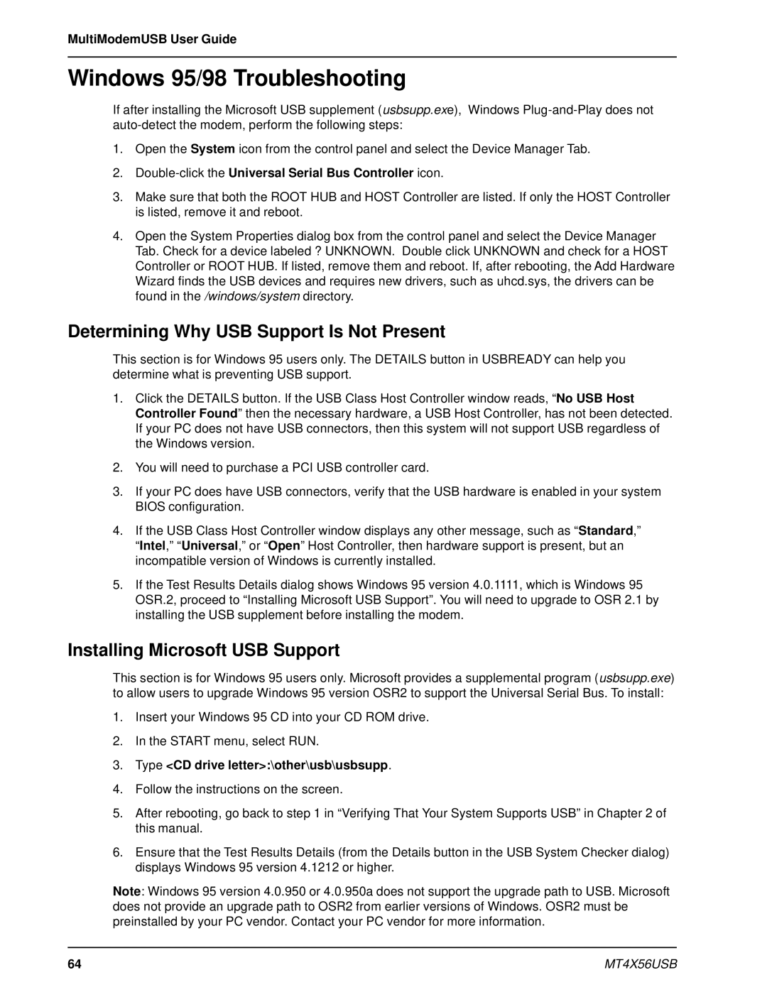 Multi-Tech Systems MT4X56USB manual Windows 95/98 Troubleshooting, Determining Why USB Support Is Not Present 