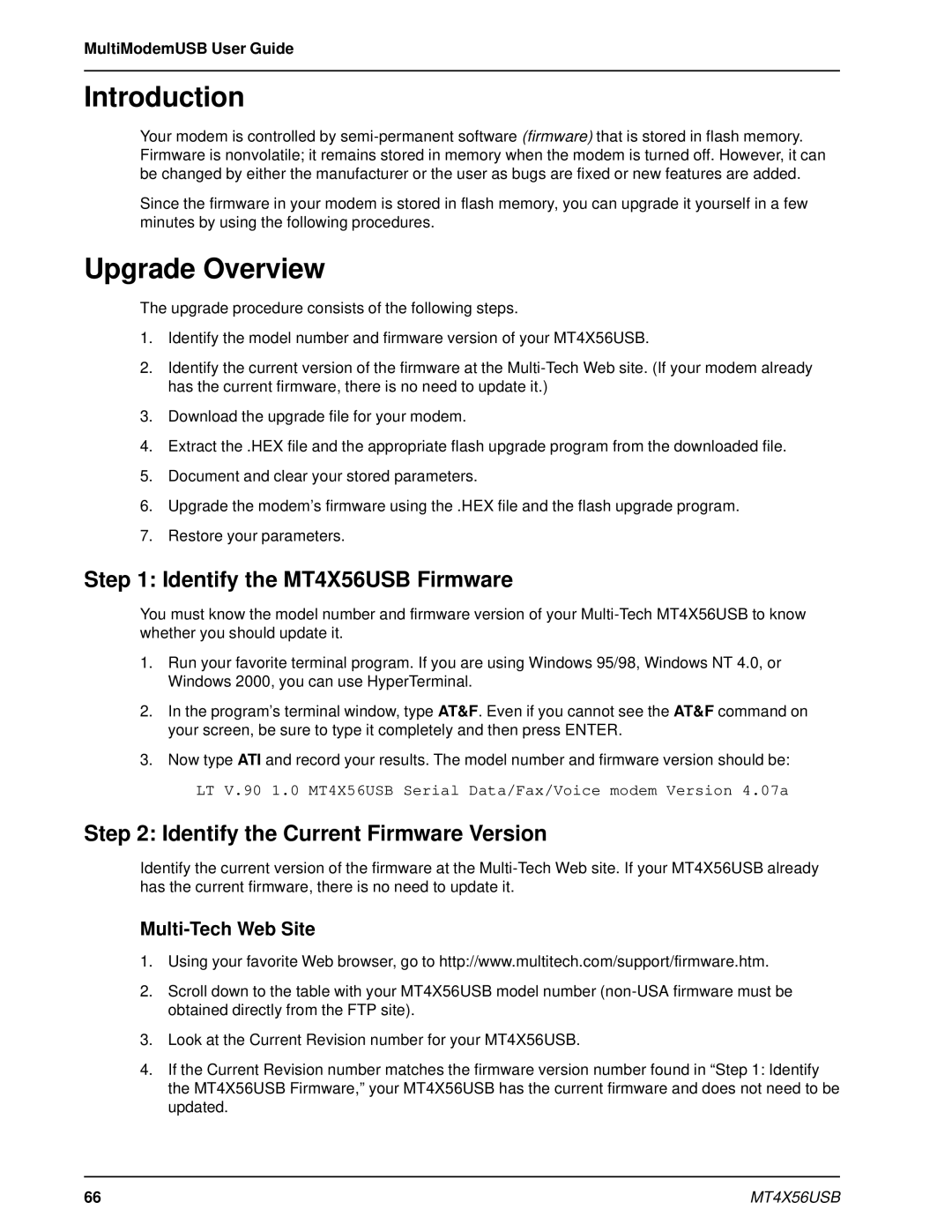 Multi-Tech Systems manual Upgrade Overview, Identify the MT4X56USB Firmware, Identify the Current Firmware Version 