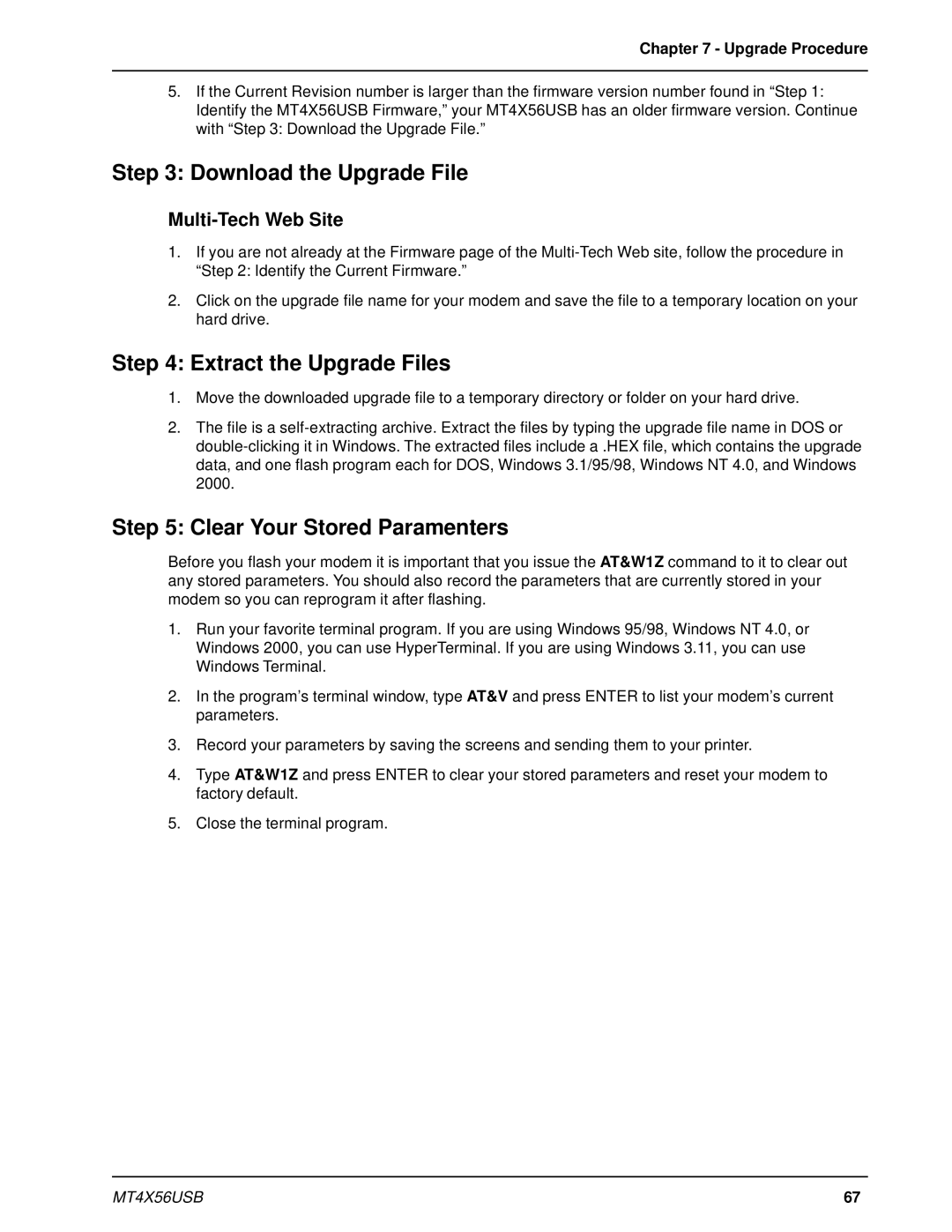 Multi-Tech Systems MT4X56USB manual Download the Upgrade File, Extract the Upgrade Files, Clear Your Stored Paramenters 