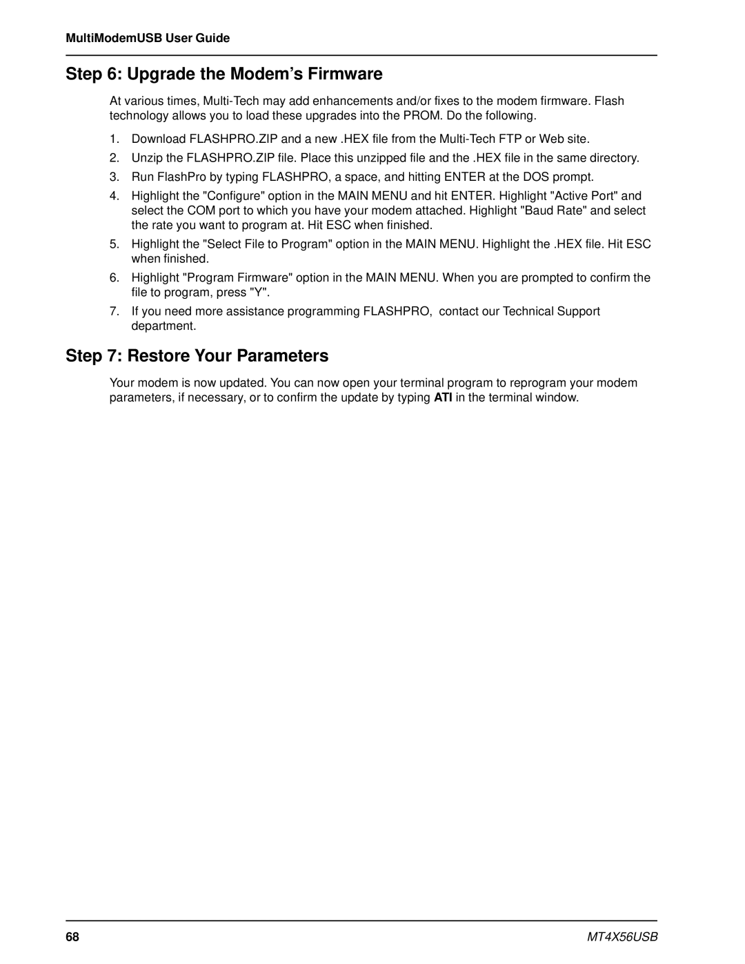 Multi-Tech Systems MT4X56USB manual Upgrade the Modem’s Firmware, Restore Your Parameters 