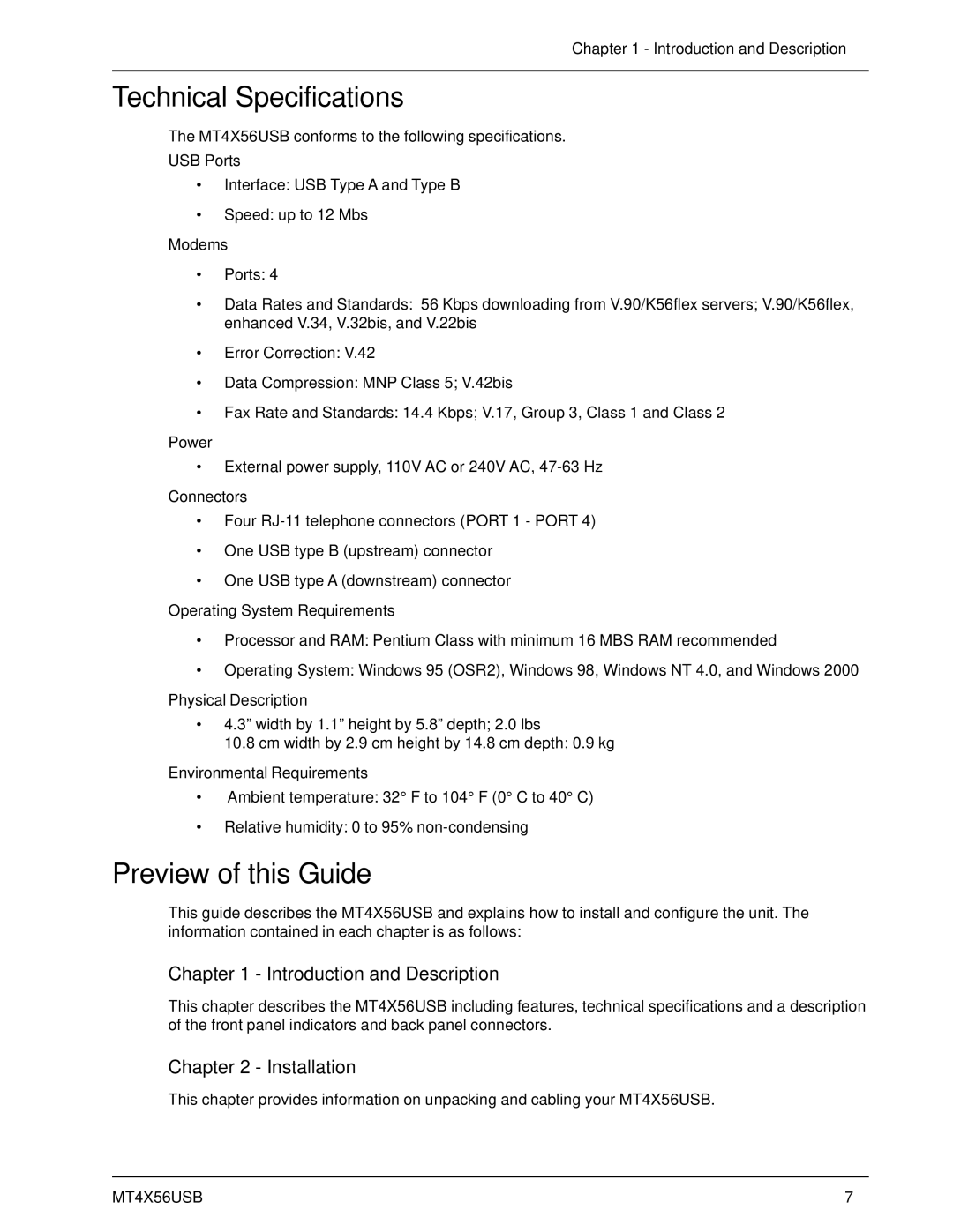 Multi-Tech Systems MT4X56USB Technical Specifications, Preview of this Guide, Introduction and Description, Installation 