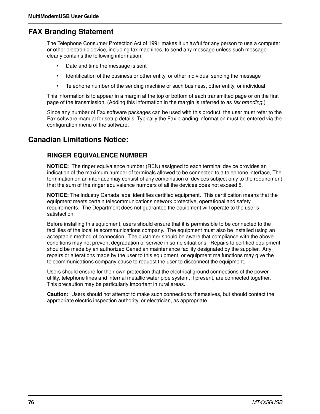 Multi-Tech Systems MT4X56USB manual FAX Branding Statement, Canadian Limitations Notice 