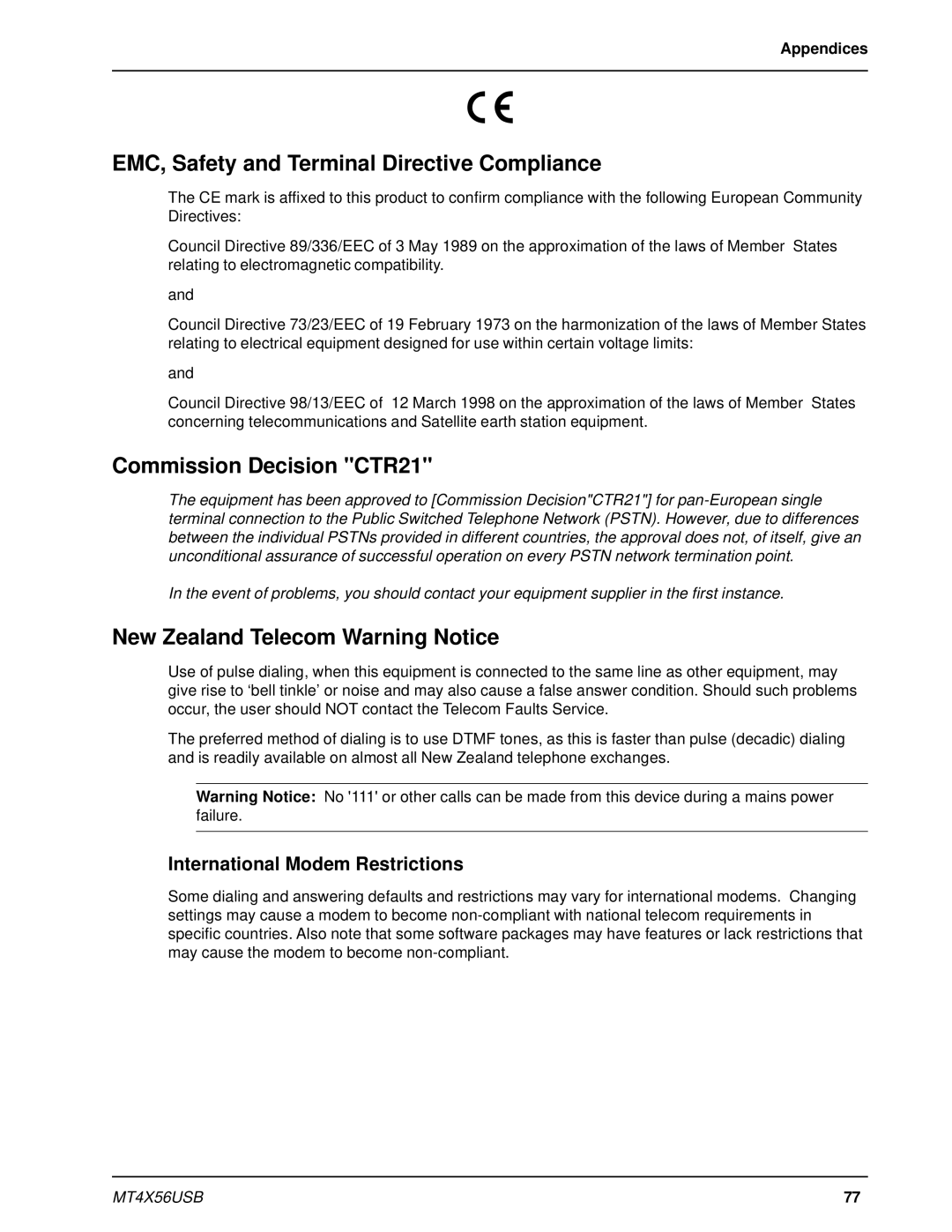 Multi-Tech Systems MT4X56USB manual EMC, Safety and Terminal Directive Compliance, Commission Decision CTR21 