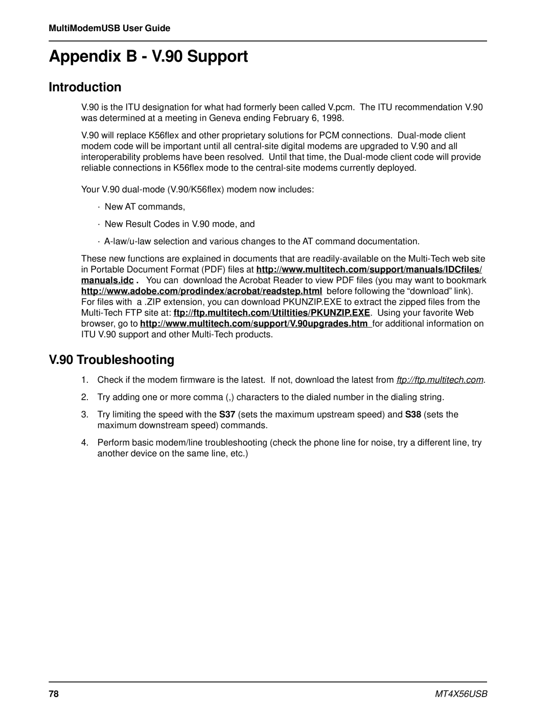 Multi-Tech Systems MT4X56USB manual Appendix B V.90 Support, Introduction, Troubleshooting 