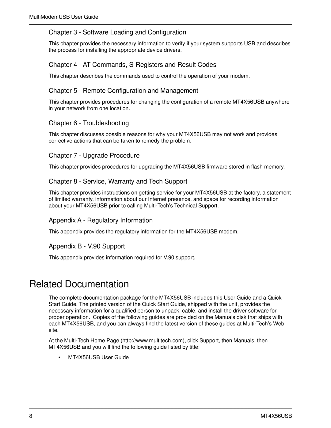 Multi-Tech Systems MT4X56USB manual Related Documentation 