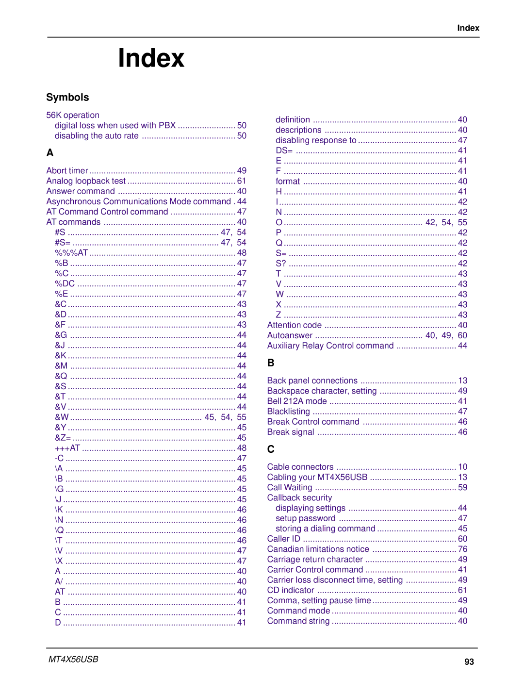 Multi-Tech Systems MT4X56USB manual Index 