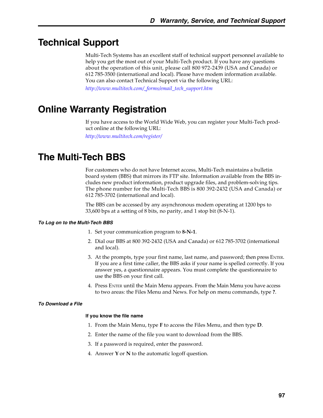 Multi-Tech Systems MT5600BL, MT5600BA manual Technical Support, Online Warranty Registration, Multi-Tech BBS 