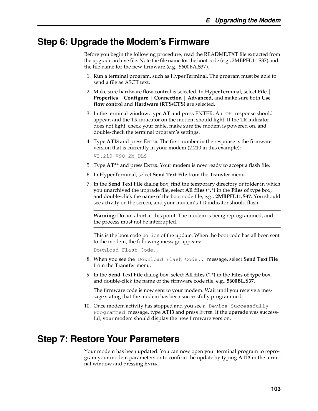 Multi-Tech Systems MT5600BL, MT5600BA manual Upgrade the Modem’s Firmware, Restore Your Parameters 