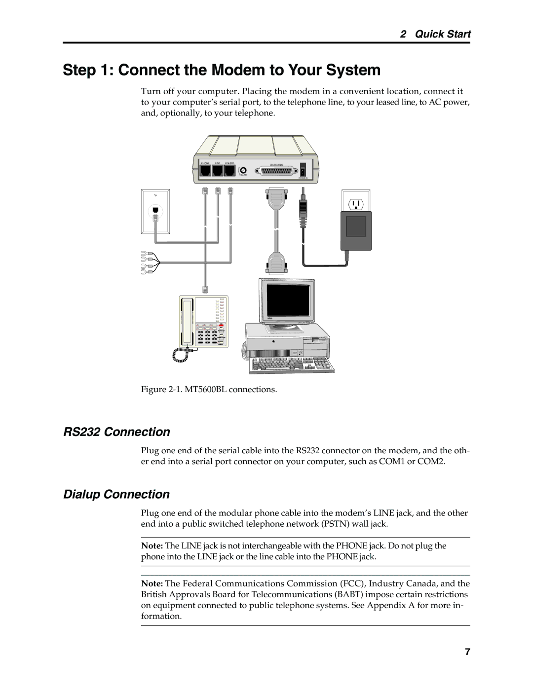 Multi-Tech Systems MT5600BL, MT5600BA Connect the Modem to Your System, RS232 Connection, Dialup Connection, Quick Start 