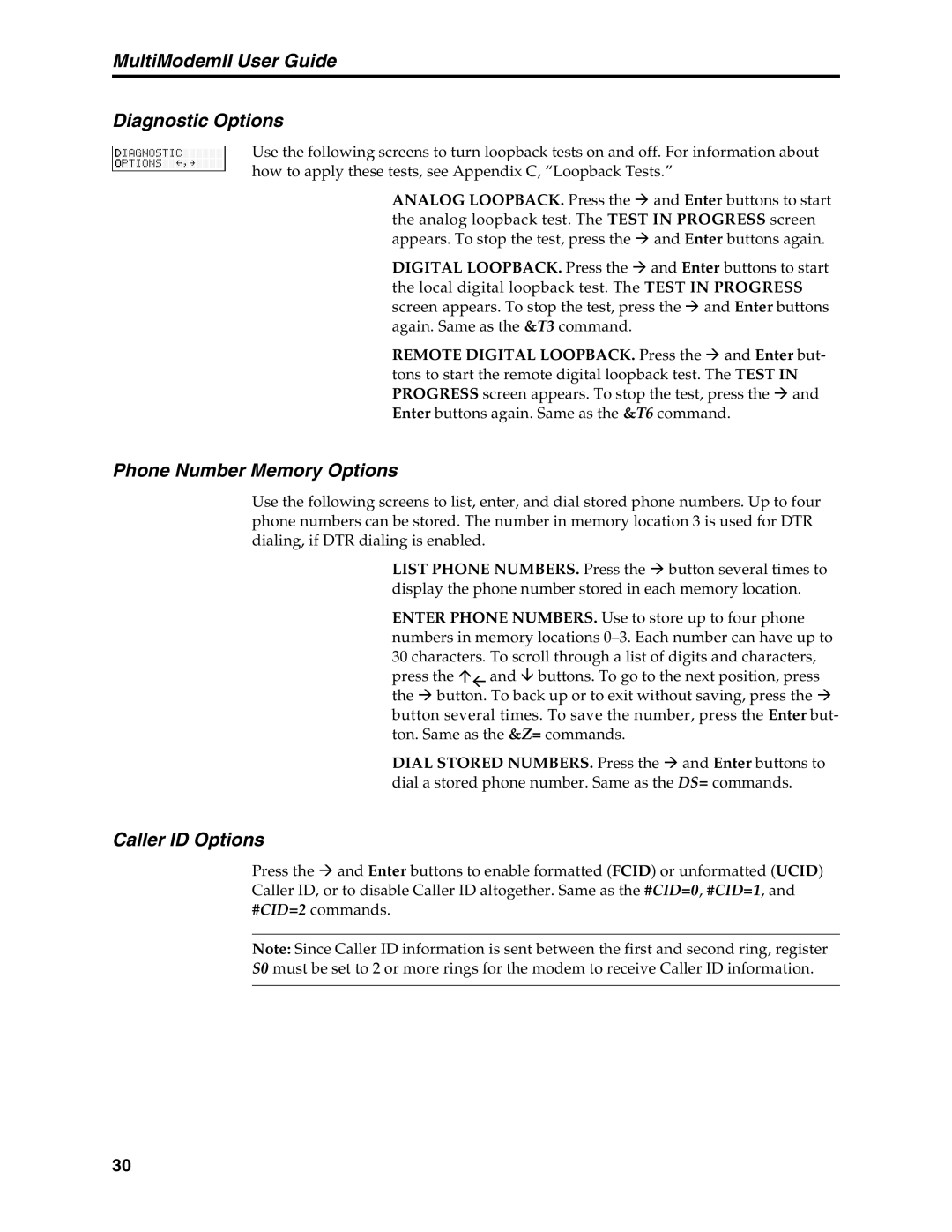 Multi-Tech Systems MT5600BA MultiModemII User Guide Diagnostic Options, Phone Number Memory Options, Caller ID Options 