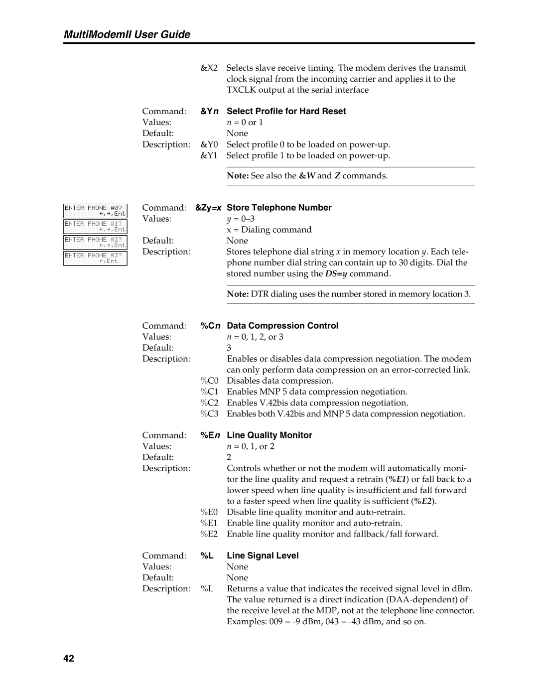 Multi-Tech Systems MT5600BA manual Select Profile for Hard Reset, Zy =x Store Telephone Number, Data Compression Control 