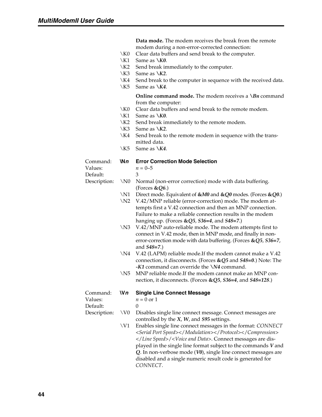 Multi-Tech Systems MT5600BA, MT5600BL manual Nn Error Correction Mode Selection, Vn Single Line Connect Message 