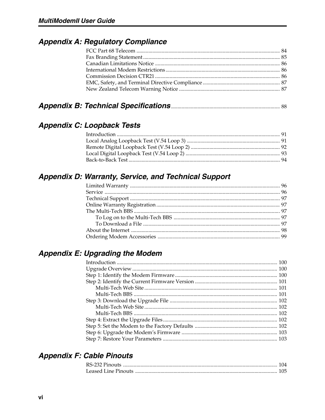 Multi-Tech Systems MT5600BA Appendix a Regulatory Compliance, Appendix C Loopback Tests, Appendix E Upgrading the Modem 