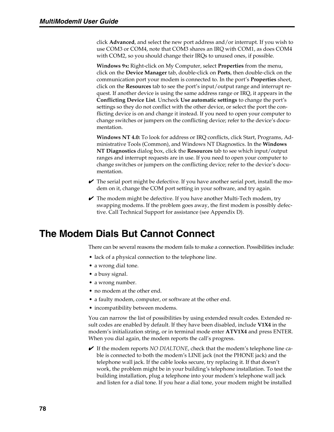 Multi-Tech Systems MT5600BA, MT5600BL manual Modem Dials But Cannot Connect 