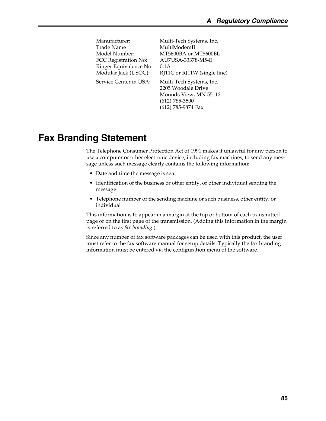 Multi-Tech Systems MT5600BL, MT5600BA manual Fax Branding Statement, Regulatory Compliance 