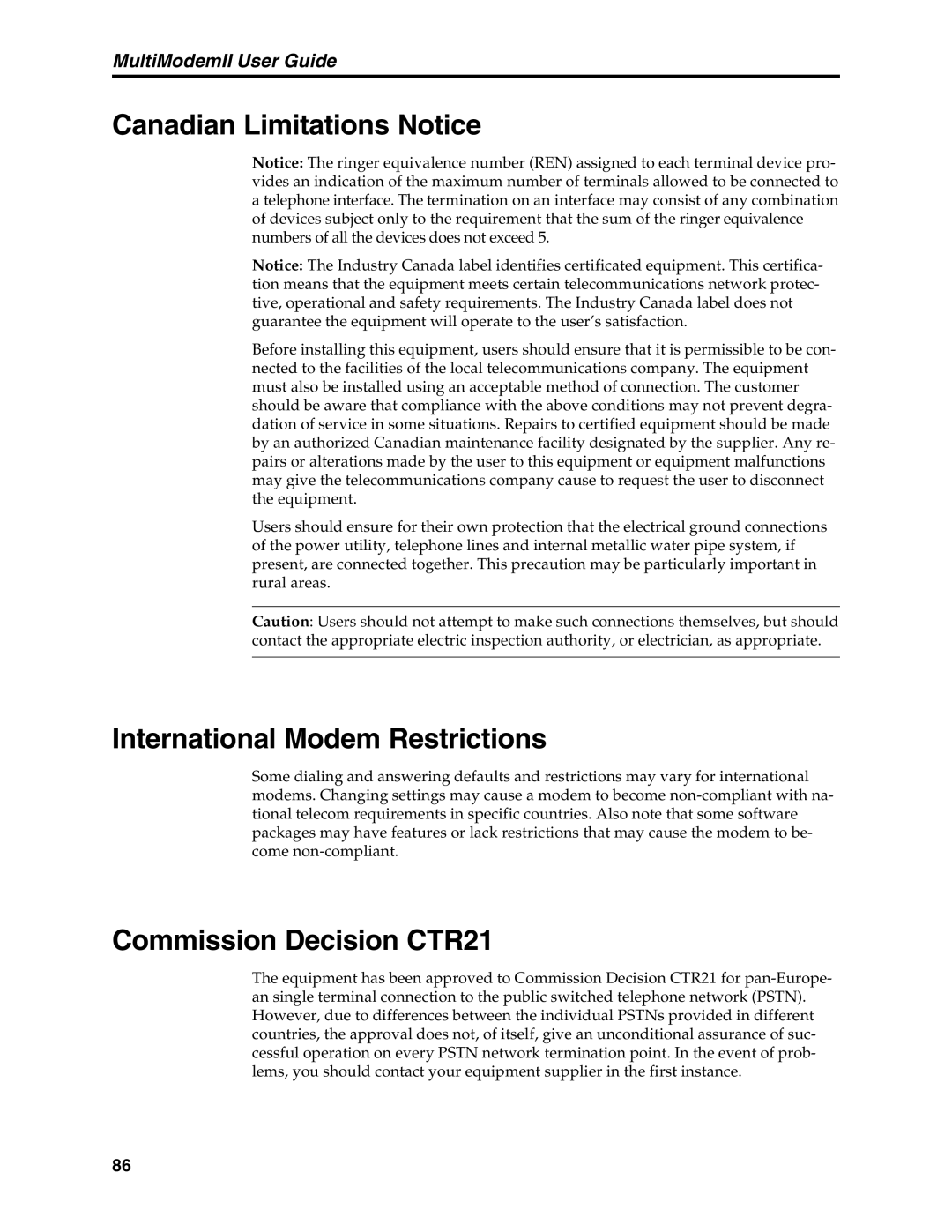 Multi-Tech Systems MT5600BA manual Canadian Limitations Notice, International Modem Restrictions, Commission Decision CTR21 