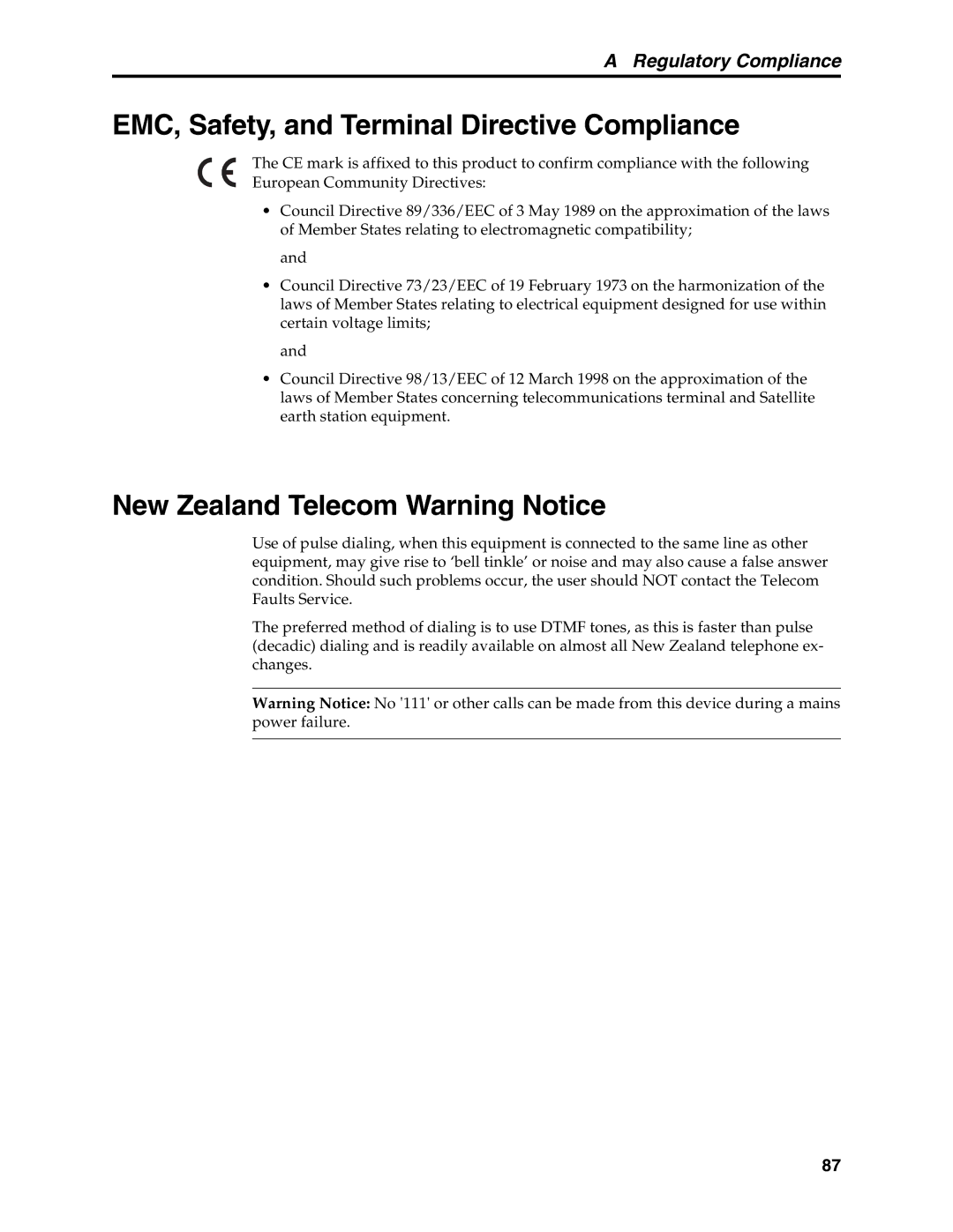 Multi-Tech Systems MT5600BL, MT5600BA EMC, Safety, and Terminal Directive Compliance, New Zealand Telecom Warning Notice 