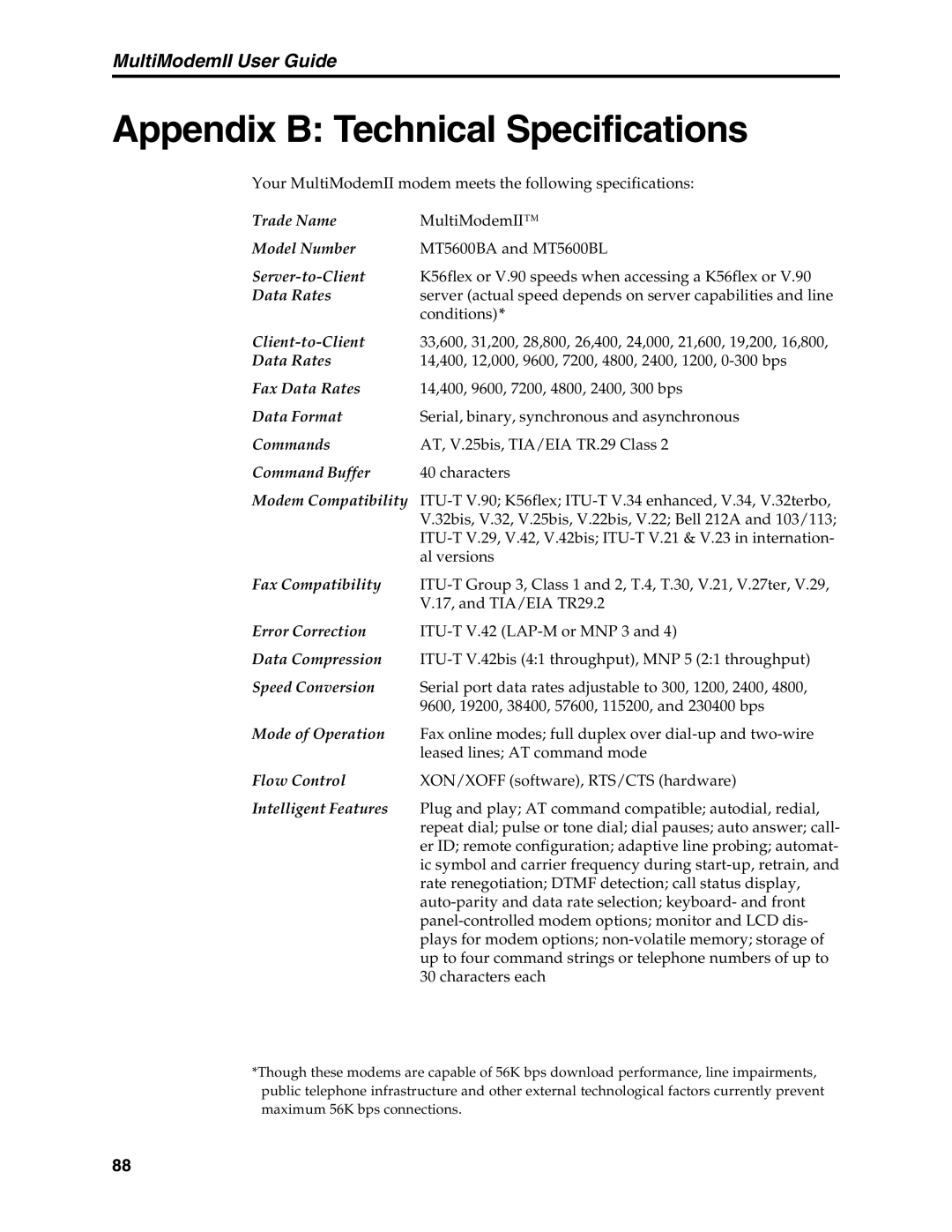 Multi-Tech Systems MT5600BA, MT5600BL manual Appendix B Technical Specifications 