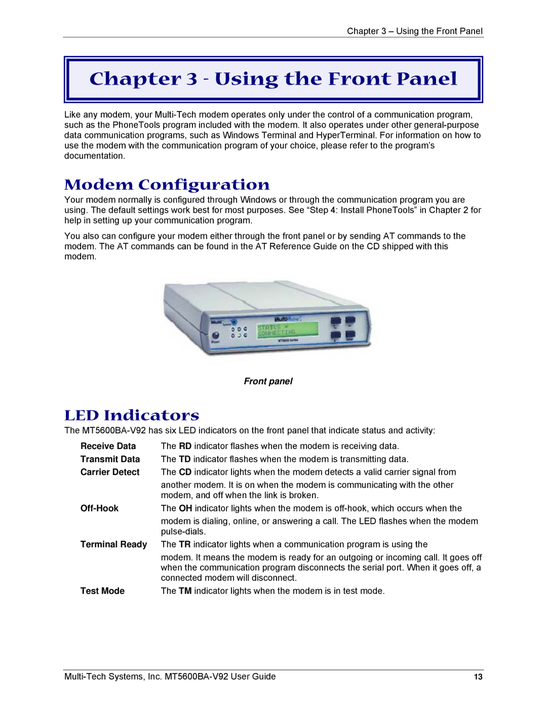 Multi-Tech Systems MT5600BA-V92 manual Using the Front Panel, Modem Configuration, LED Indicators 