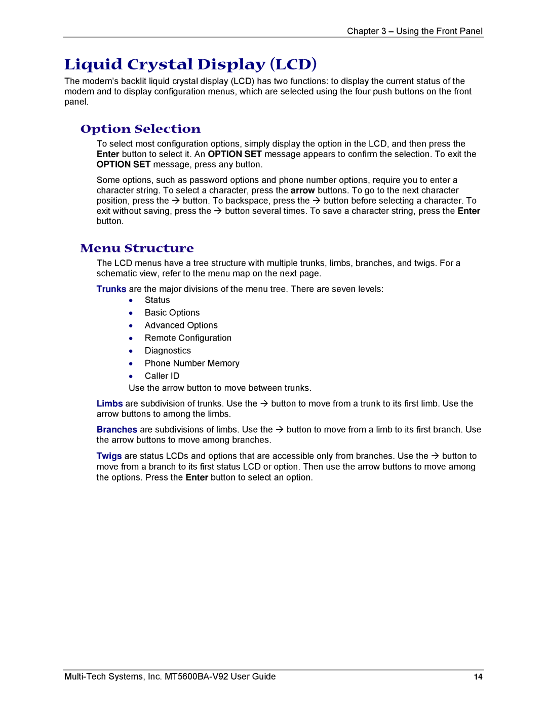 Multi-Tech Systems MT5600BA-V92 manual Liquid Crystal Display LCD, Option Selection 