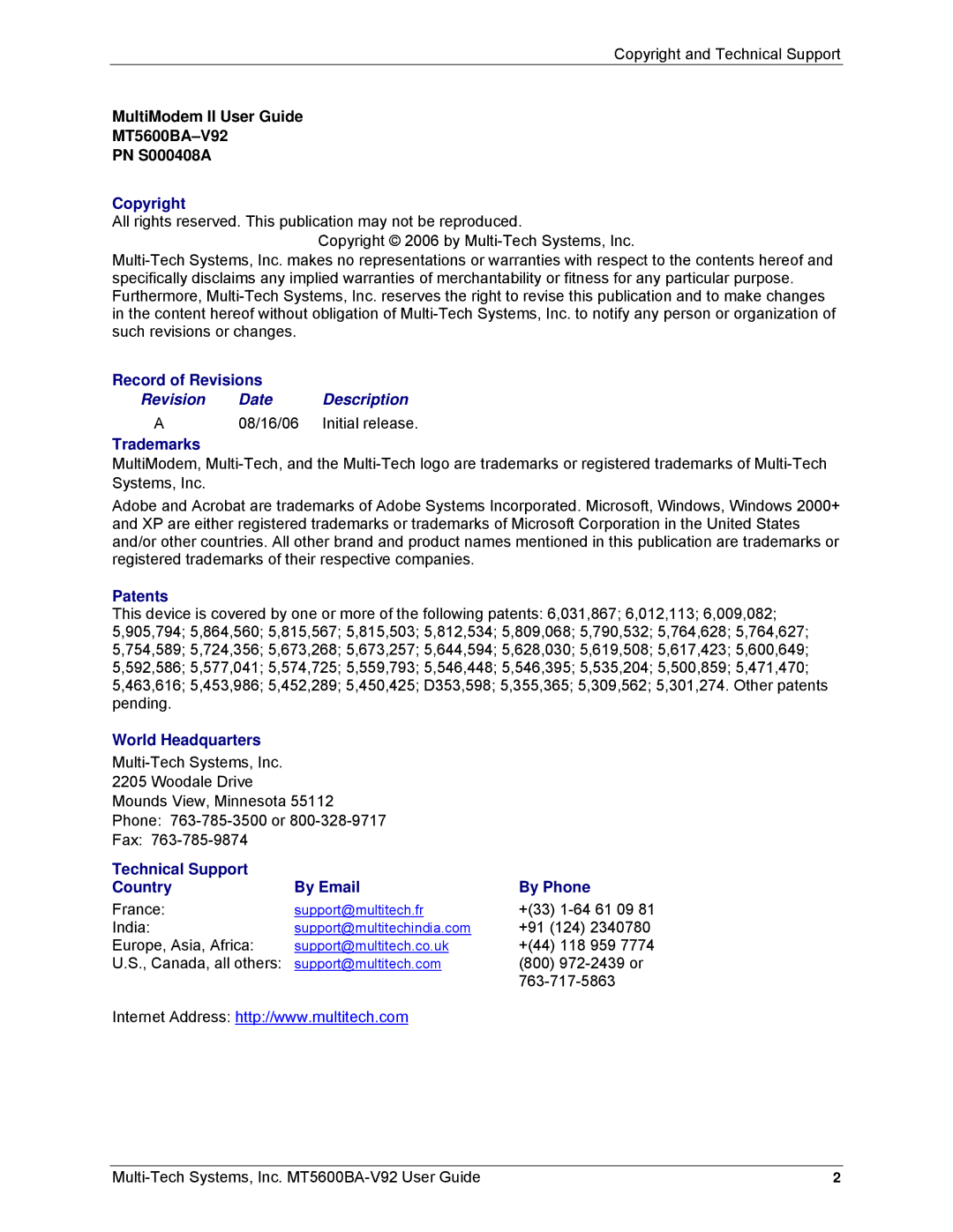 Multi-Tech Systems MT5600BA-V92 manual Revision Date Description 