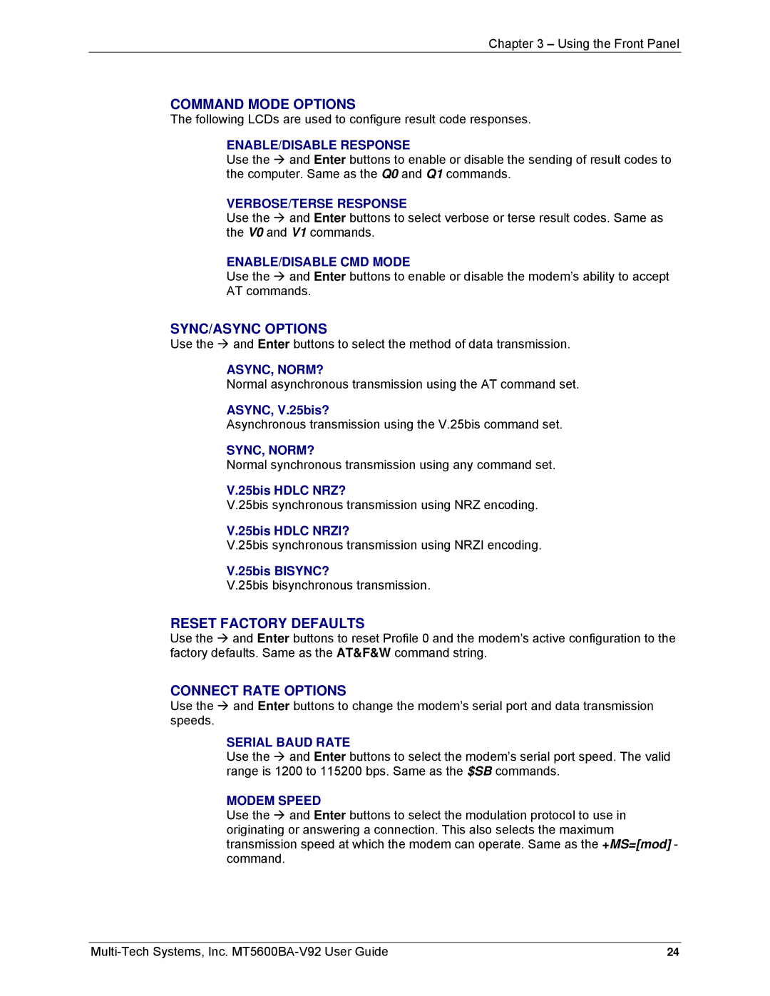 Multi-Tech Systems MT5600BA-V92 manual Command Mode Options 